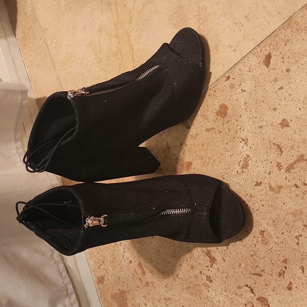 Black sparkly open toe high heel boots with zipper front